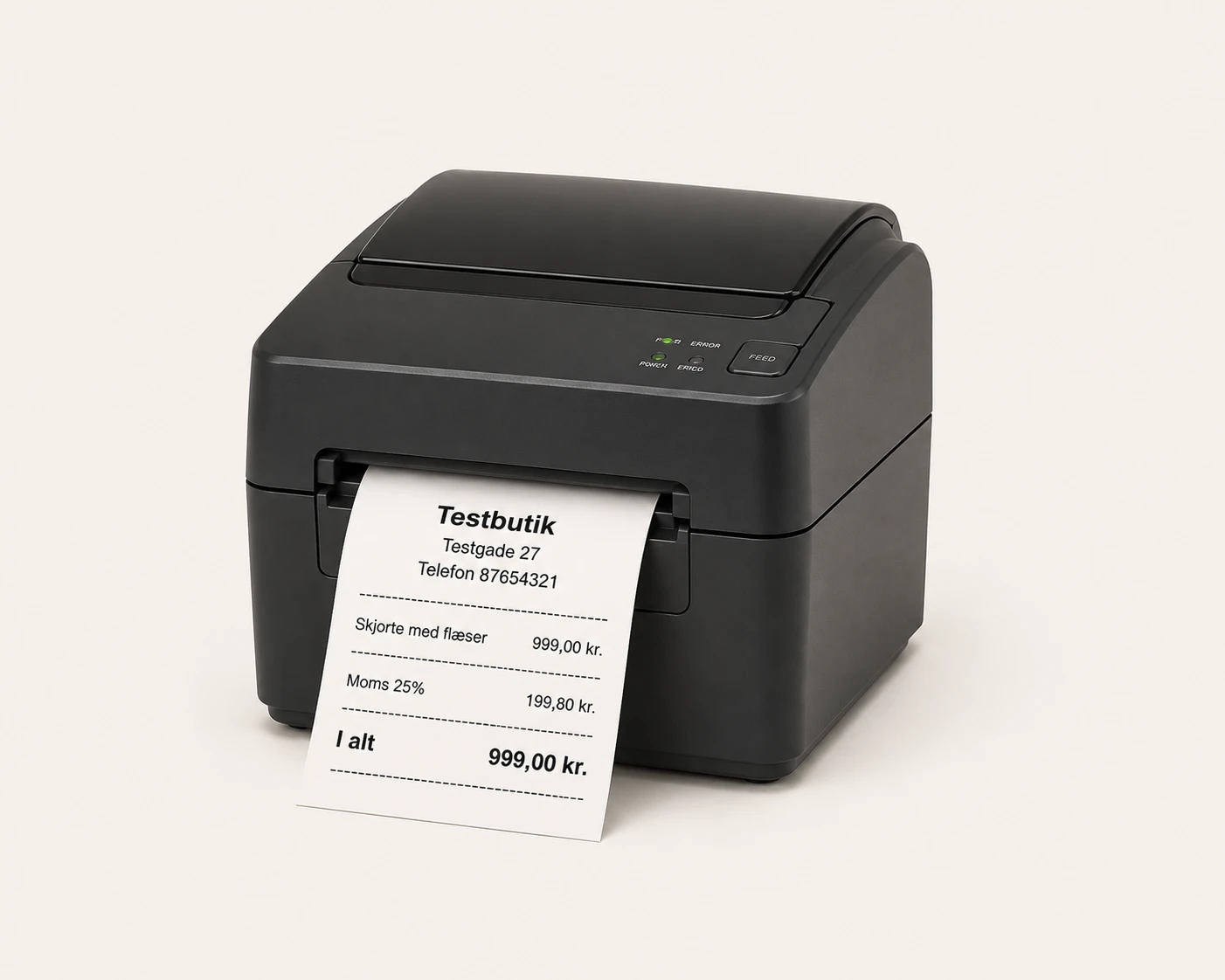 Bonprinter med en bon på vej ud — momsen står på bonen