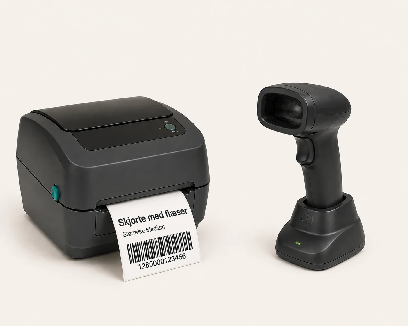 Labelprinter med prislabel med stregkode, og håndscanner i laderen